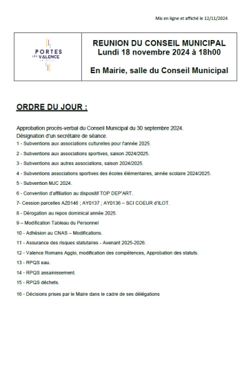 Ordre du  jour du conseil municipal du 18-11-2024