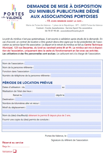 Demande de location à titre gratuit du minibus aux associations