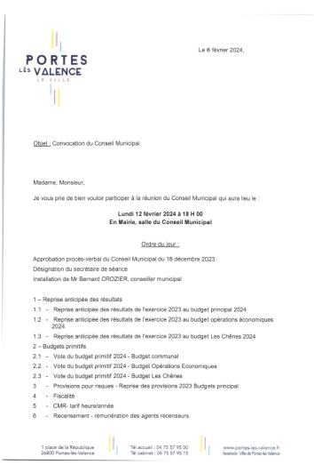 Ordre du  jour du conseil municipal du 12-02-2024