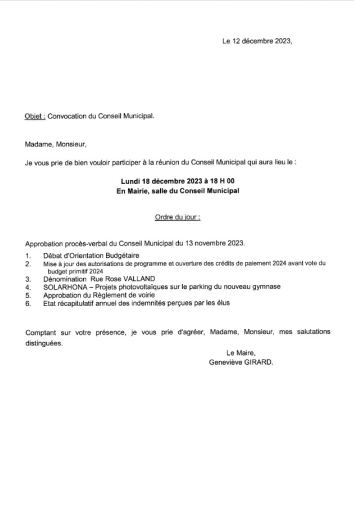 Ordre du  jour du conseil municipal du 18-12-2023