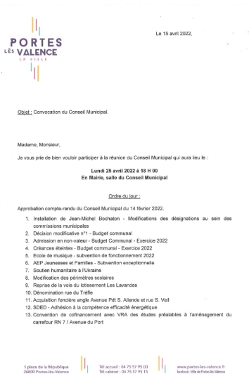 Ordre du jour du conseil municipal du 15-04-2024