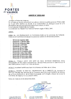Arrêté 2025/468 - Dérogations au repos dominical, année 2026