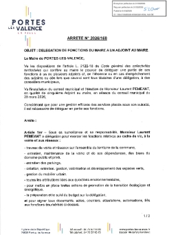 Arrêté 2026/160 - Délégation de fonctions à un adjoint