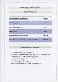 Tarifs de locations de matériel