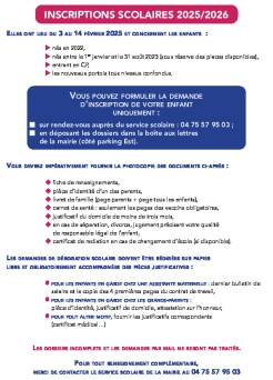 Renseignements inscriptions scolaires 2025/2026