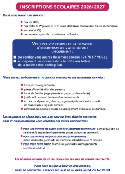 Fiche d'inscriptions scolaires 2026-2027