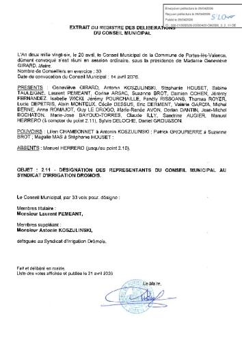 Délibération CM du 20/04/2026 - Désignation représentants Syndicat d'irrigation drômois