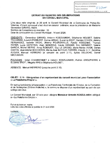 Délibération CM du 20/04/2026 - Désignation représentant Plateforme Emploi