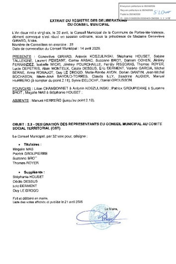 Délibération CM du 20/04/2026 - Désignation des représentants CST