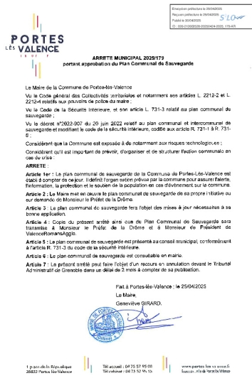 Arrêté d'approbation du plan communal de sauvegarde