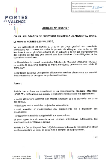 Arrêté 2026/157 - Délégation de fonctions à un adjoint