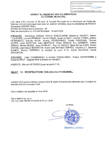 Délibération CM du 20/04/2026 - Modification tableau du personnel