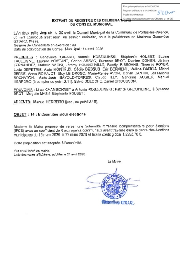 Délibération CM du 20/04/2026 - Indemnités pour élections