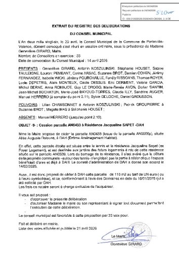 Délibération CM du 20/04/2026 - Cession parcelle AN0433 Résidence Jacqueline Sapet