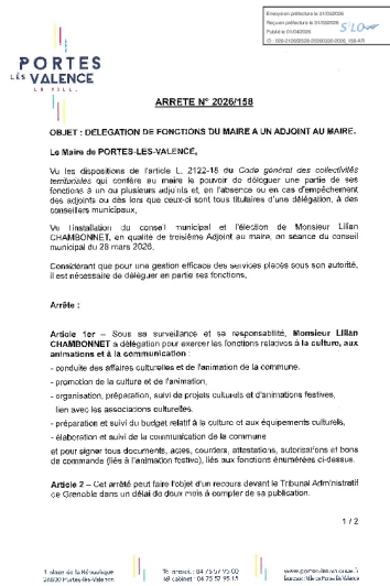 Arrêté 2026/158 - Délégation de fonctions à un adjoint