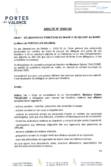 Arrêté 2026/159 - Délégation de fonctions à un adjoint