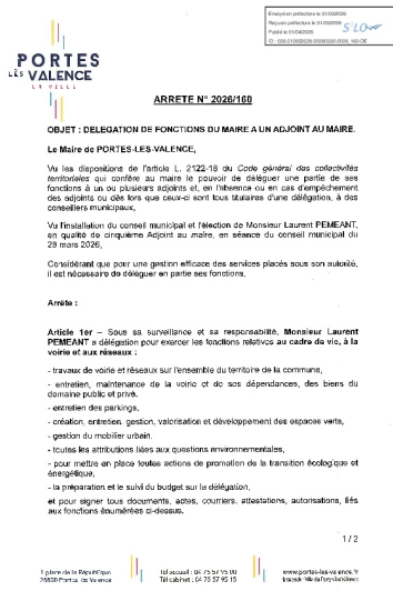 Arrêté 2026/160 - Délégation de fonctions à un adjoint