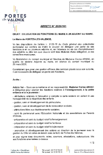 Arrêté 2026/161 - Délégation de fonctions à un adjoint