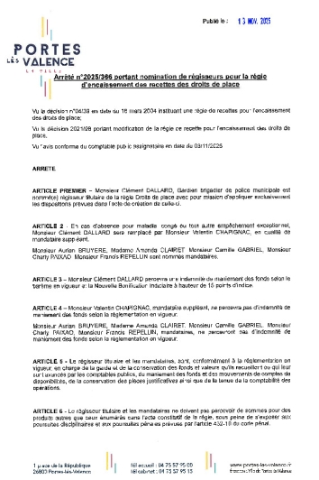 Arrêté 2025/366 - Nomination régisseurs Droits de place