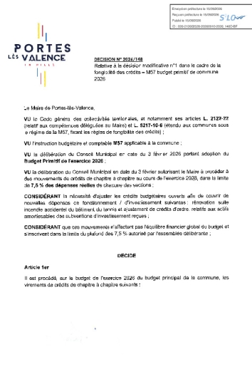 Décision 2026/148 - Virements de crédits
