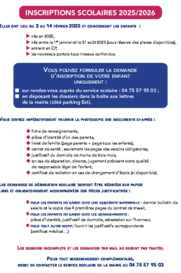 Renseignements inscriptions scolaires 2025/2026