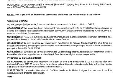 Délibération CM du 28/09/2026 - Solidarité en faveur des communes sinistrées par incendies