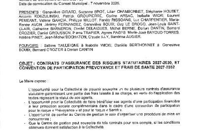 Délibération CM du 17/11/25 - Contrat risques statutaires et participation convention prévoyance et frais de santé