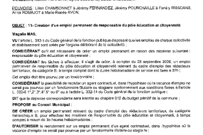 Délibération CM du 28/09/2026 - Création emploi permanent responsable pôle éducation et citoyenneté