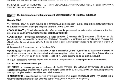 Délibération CM du 28/09/2026 - Création emploi permanent responsable communication et relations publiques