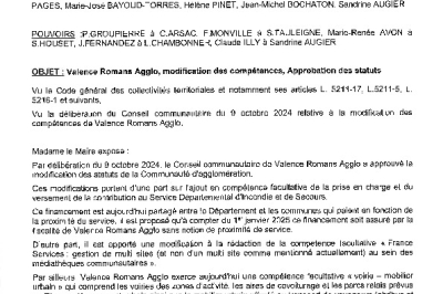 Conseil municipal du 18-11-24 Valence Romans Agglo, modification des compétences