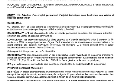 Délibération CM du 28/09/2026 - Création emploi permanent adjoint technique entretien, voirie et espaces communaux