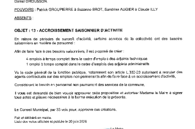 Délibération CM du 29/06/2026 - Accroissement saisonnier d'activité