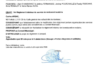 Délibération CM du 28/09/2026 - Approbation règlement restauration scolaire