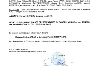 Délibération CM du 20/04/2026 - Désignation des représentants Collège Jean Macé