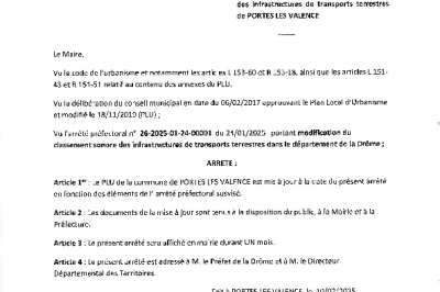 Arrété portant mise à jour du PLU - Modification classement sonore des infrastructures de transports terrestre