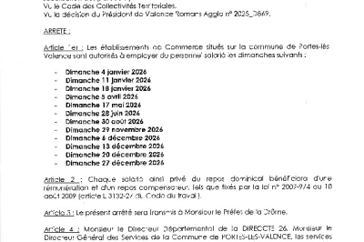 Arrêté 2025/468 - Dérogations au repos dominical, année 2026
