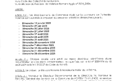 Arrêté 2024/529 Dérogations au repos dominical - Année 2025