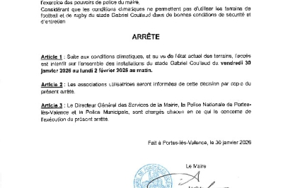 Arrêté 2026/73 - Fermeture du stade Coullaud du 30 janvier au 2 février 2026