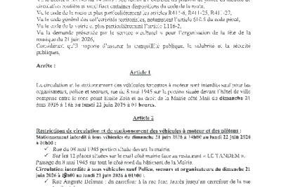 Arrêté 2026/220 - Circulation et stationnement Fête de la musique