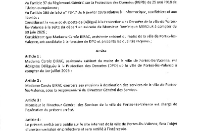 Arrêté 2026/291 - Désignation du délégué à la protection des données