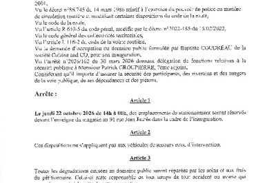 Arrêté 2026/397 - Occupation de domaine public le 22 octobre 2026