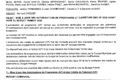 Délibération CM du 22/12/25 - Mise à jour autorisations de programme et ouverture crédits de paiement 2026