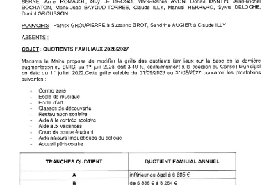 Délibération CM du 29/06/2026 - Quotients familiaux 2026/2027