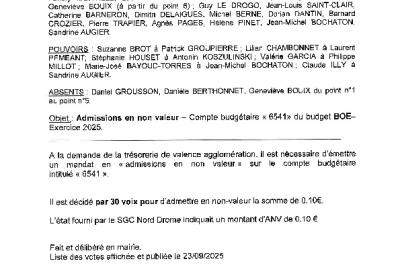 Délibération CM 22-09-2025 Admission en non valeur. Compte 6541 du budget Opérations économiques