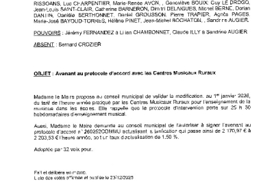 Délibération CM du 22/12/25 - Avenant au protocole d'accord avec les Centres Musicaux Ruraux