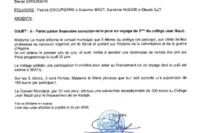 Délibération CM du 29/06/2026 - Subvention exceptionnelle voyage classe de 3ème