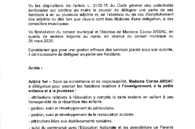 Arrêté 2026/161 - Délégation de fonctions à un adjoint