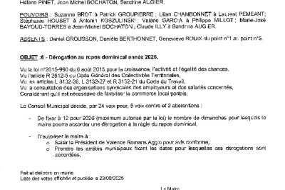 Délibération CM 22-09-2025 - Dérogation au repos dominical année 2026