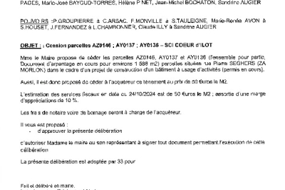 Conseil municipal du 18-11-24 Cession parcelles AZ146, AY137, AY136 - SCI Coeur d'Ilot