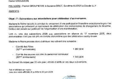 Délibération CM du 29/06/2026 - Subventions célébration anniversaires associations